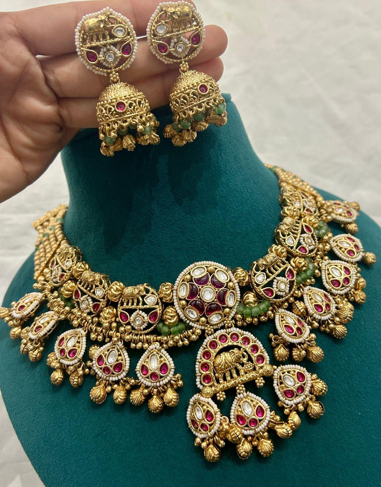 Antique Elephant Motif Temple Necklace Set with Ruby & Kundan Work